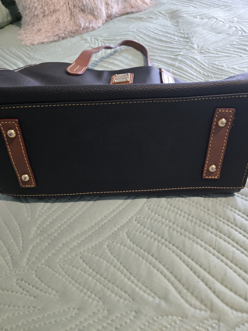 Dooney & Bourke Black Leather Tote with Brown Straps and Logo Plaque - Picture 4 of 4